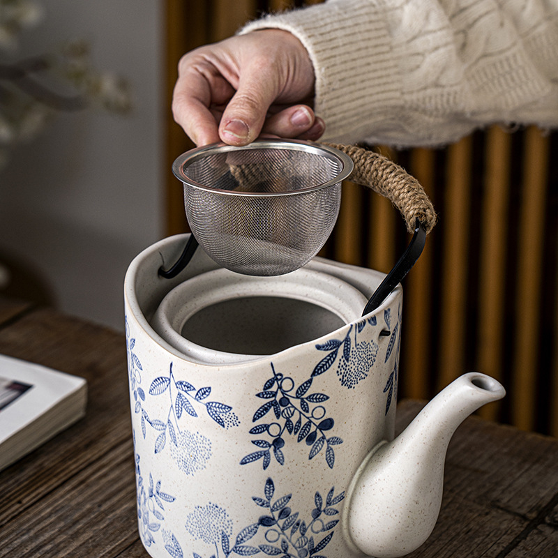 Ceainic japonez pictat manual, cu mâner de ridicare și ceașcă, set de ceai ceramic vintage cu filtru, capacitate mare pentru restaurante