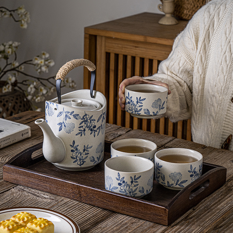 Ceainic japonez pictat manual, cu mâner de ridicare și ceașcă, set de ceai ceramic vintage cu filtru, capacitate mare pentru restaurante