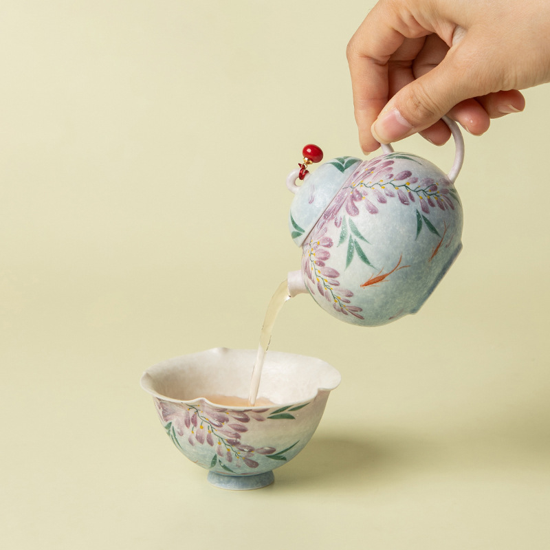 Ceainic ceramic în nuanțe albastru liliac cu cer înstelat, mâner rece la atingere, pentru uz casnic, set cadou cu un ceainic și două căni