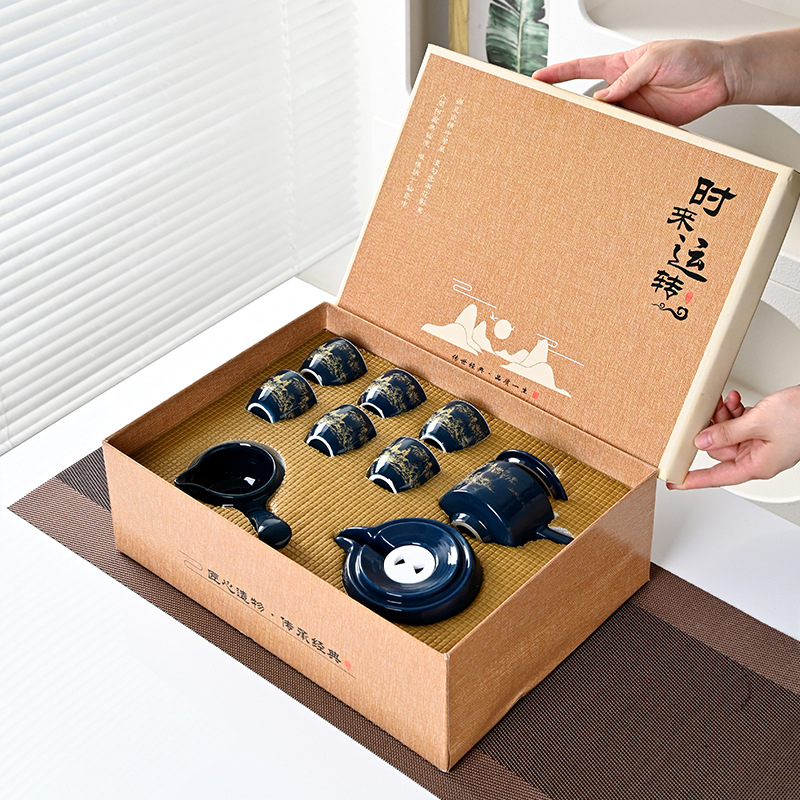 Set de ceai Kung Fu modern cu ceainic și mojar din piatră rotativ, ceramic, cutie cadou, rezistent la căldură, semi-automat, personalizabil, pentru casă și birou