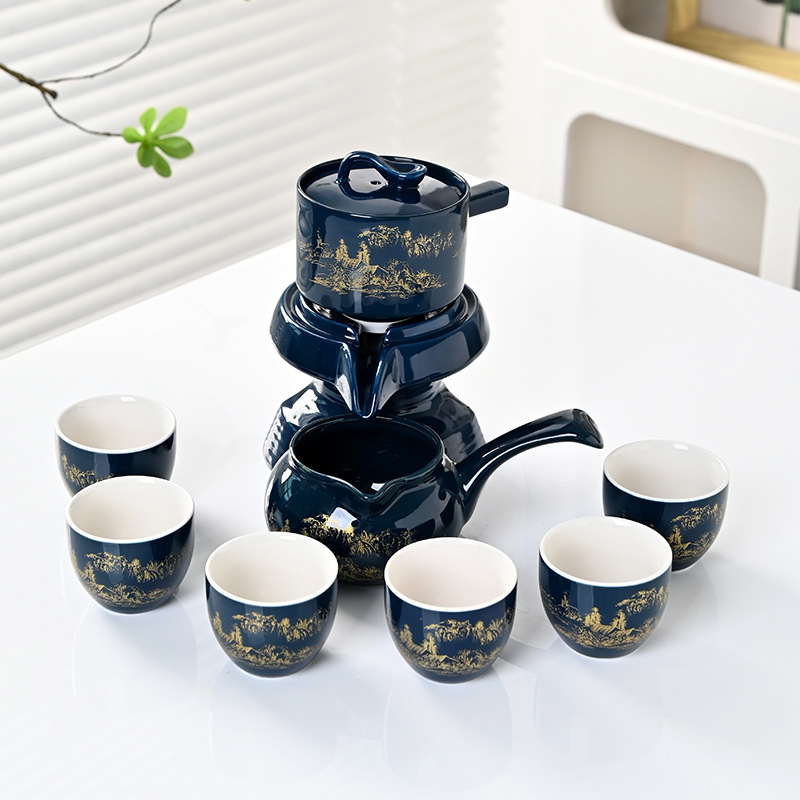 Set de ceai Kung Fu modern cu ceainic și mojar din piatră rotativ, ceramic, cutie cadou, rezistent la căldură, semi-automat, personalizabil, pentru casă și birou