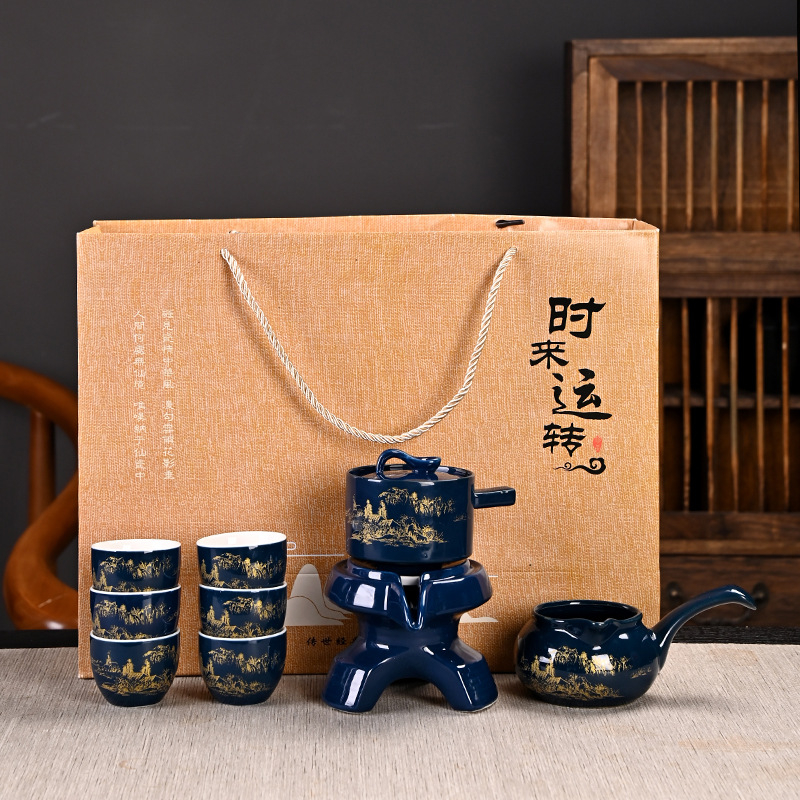 Set de ceai Kung Fu modern cu ceainic și mojar din piatră rotativ, ceramic, cutie cadou, rezistent la căldură, semi-automat, personalizabil, pentru casă și birou