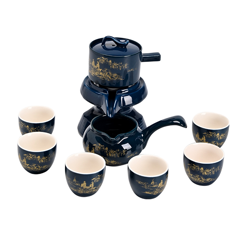 Set de ceai Kung Fu modern cu ceainic și mojar din piatră rotativ, ceramic, cutie cadou, rezistent la căldură, semi-automat, personalizabil, pentru casă și birou