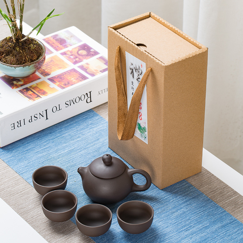 Set Kung Fu ceai Dehua Purple-Sand cu cutie din piele, stil minimalist, ceainic cu patru cești