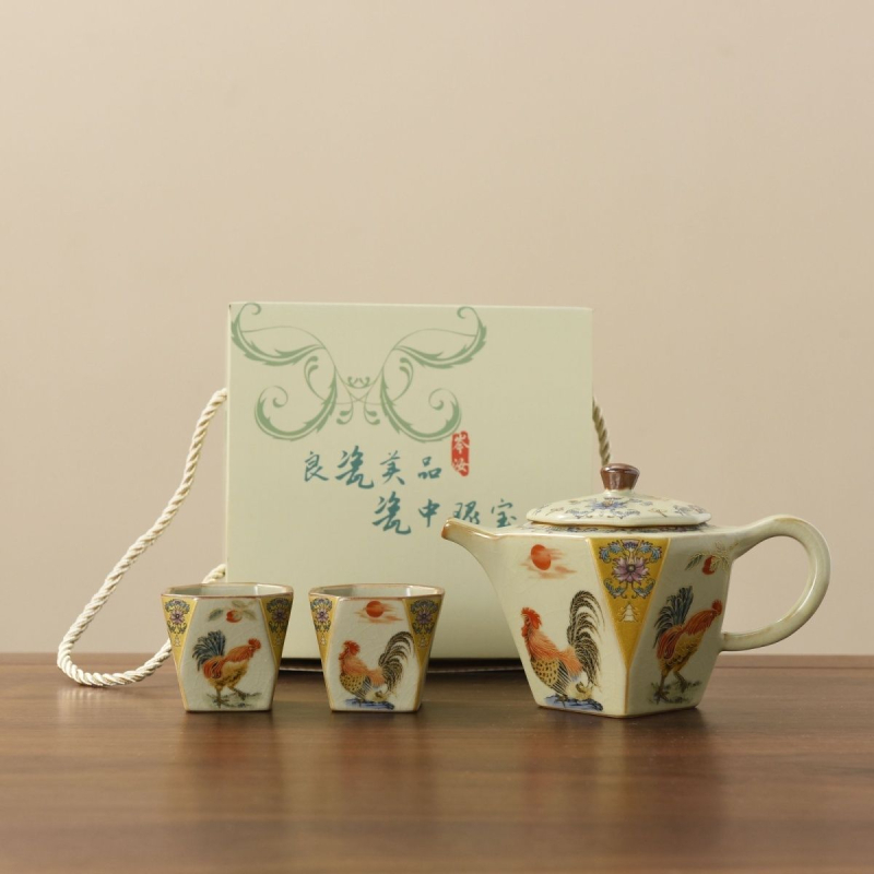 Ruyao set ceai: ceainic cu două cești, design hexagonal cu cocoș auriu, set de ceai, cupe kung fu, cadou, lux discret retro