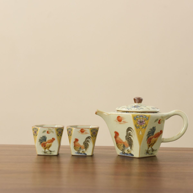 Ruyao set ceai: ceainic cu două cești, design hexagonal cu cocoș auriu, set de ceai, cupe kung fu, cadou, lux discret retro