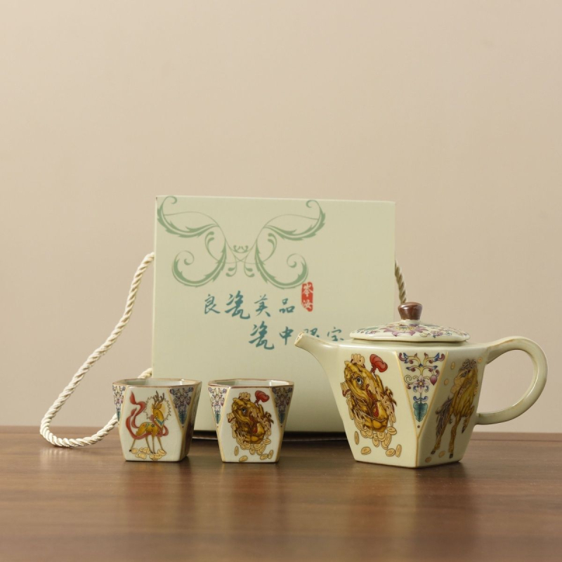 Ruyao set ceai: ceainic cu două cești, design hexagonal cu cocoș auriu, set de ceai, cupe kung fu, cadou, lux discret retro