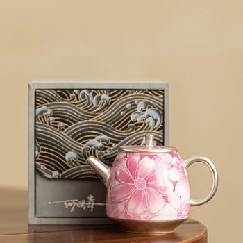 Ceainic ceramic lucrat manual, finisaj argintiu placat cu carmin roșu și motiv floral, mic ceainic pentru uz casnic, set Kung Fu de ceai