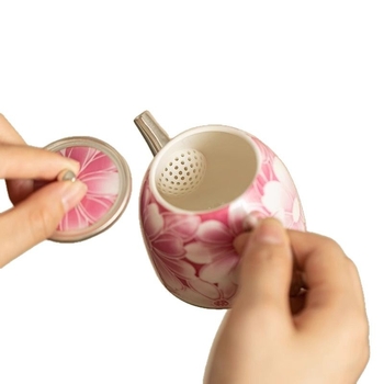 Ceainic ceramic lucrat manual, finisaj argintiu placat cu carmin roșu și motiv floral, mic ceainic pentru uz casnic, set Kung Fu de ceai