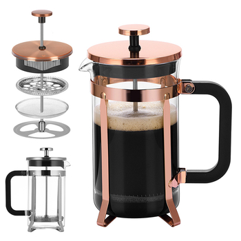Presă franceză cu sticlă borosilicat de înaltă calitate, culoare roz-auriu, filtru din oțel inoxidabil pentru cafea și ceai