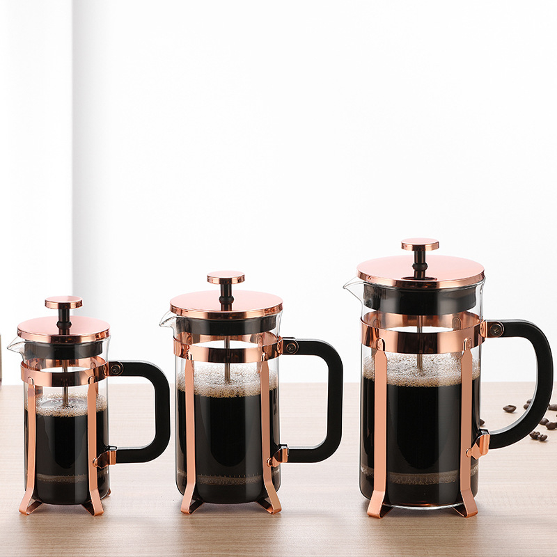 Presă franceză cu sticlă borosilicat de înaltă calitate, culoare roz-auriu, filtru din oțel inoxidabil pentru cafea și ceai