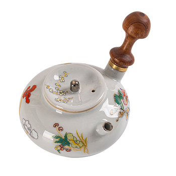 Ceainic ceramic mic cu mâner lateral din lemn, pictat manual, set Gongfu pentru ceai, stil vintage, suport pentru ceai