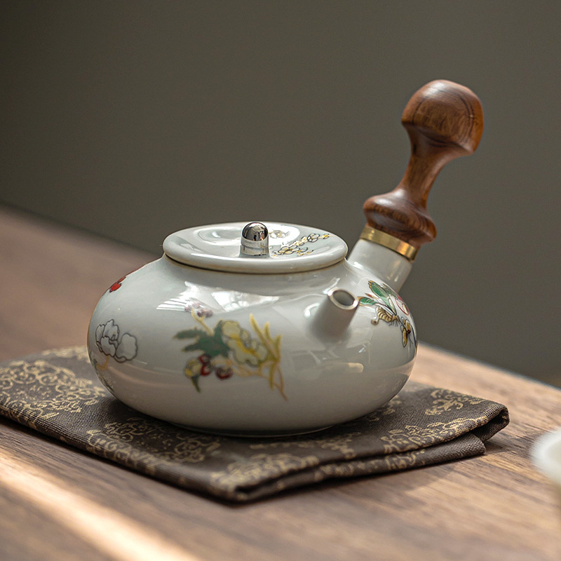 Ceainic ceramic mic cu mâner lateral din lemn, pictat manual, set Gongfu pentru ceai, stil vintage, suport pentru ceai