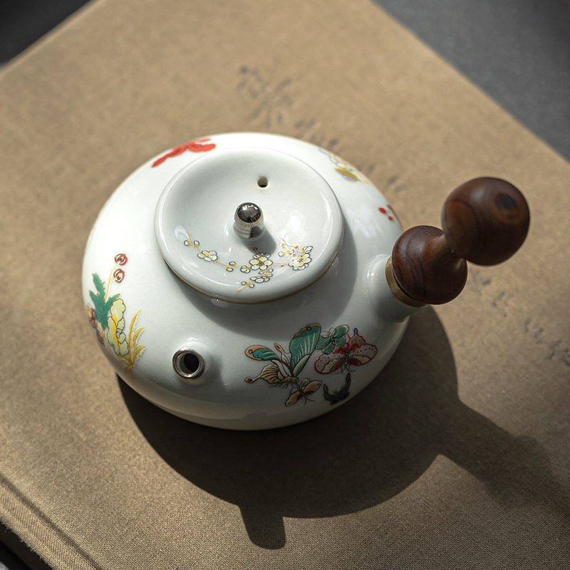 Ceainic ceramic mic cu mâner lateral din lemn, pictat manual, set Gongfu pentru ceai, stil vintage, suport pentru ceai