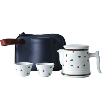 Set de ceai din ceramică Kung Fu, portabil, cu 1 ceainic și 2 cești, în husă de transport, pentru călătorii în aer liber