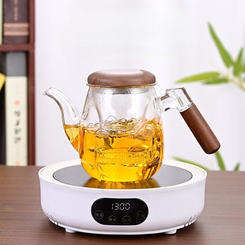 Ceainic din sticlă borosilicată cu filtru, mâner lateral din lemn de nuc, pentru ceai de flori