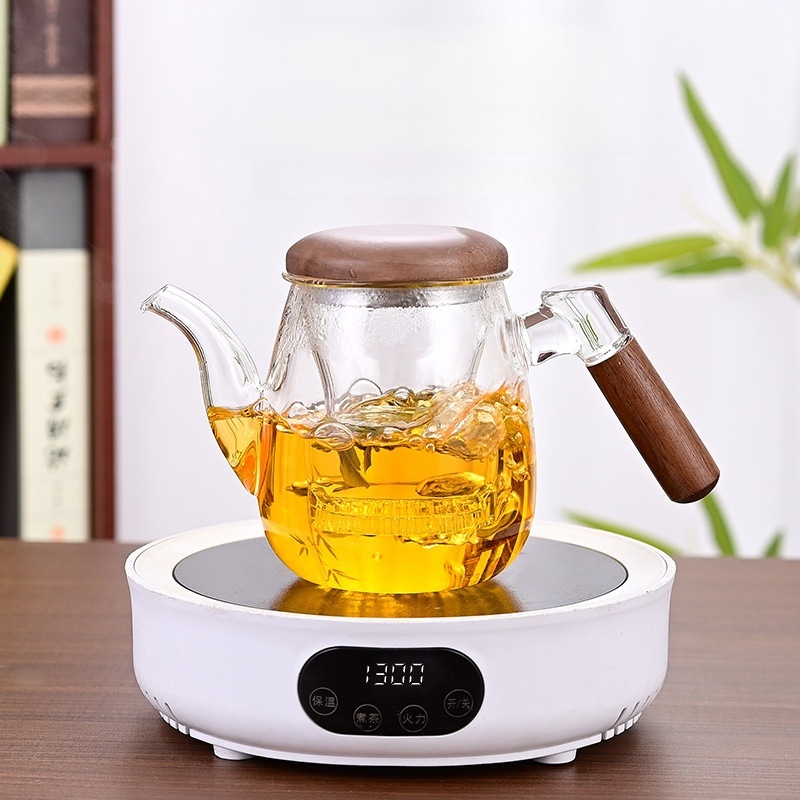 Ceainic din sticlă borosilicată cu filtru, mâner lateral din lemn de nuc, pentru ceai de flori
