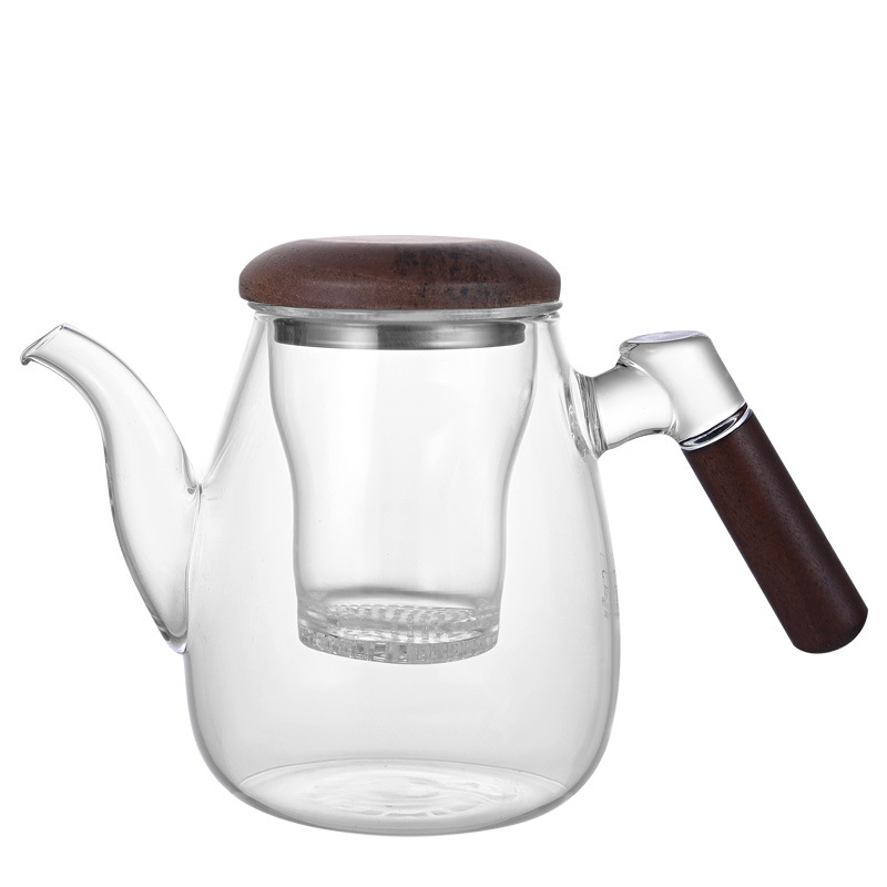 Ceainic din sticlă borosilicată cu filtru, mâner lateral din lemn de nuc, pentru ceai de flori