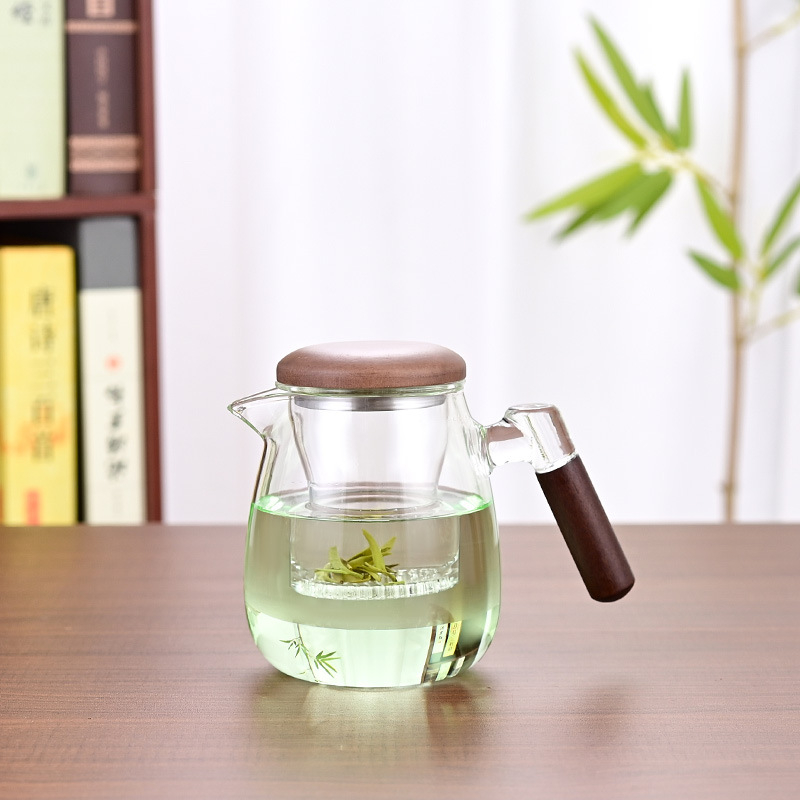 Ceainic din sticlă borosilicată cu filtru, mâner lateral din lemn de nuc, pentru ceai de flori