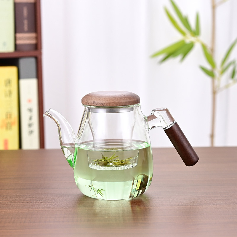 Ceainic din sticlă borosilicată cu filtru, mâner lateral din lemn de nuc, pentru ceai de flori