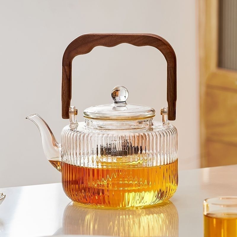 Căniță de ceai din sticlă borosilicată, cu model vertical perlat, rezistentă la temperaturi înalte, cu mâner