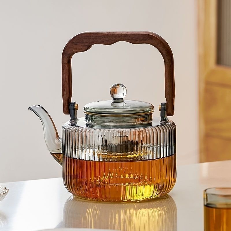 Căniță de ceai din sticlă borosilicată, cu model vertical perlat, rezistentă la temperaturi înalte, cu mâner