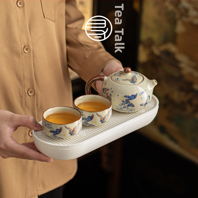Set de ceai chinezesc nou în stil Kung Fu, porțelan Ru kiln, tavă ceramică, set de ceai de călătorie cu ceainic și cești
