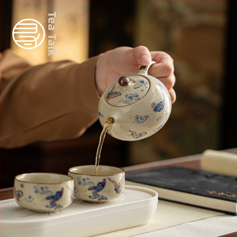 Set de ceai chinezesc nou în stil Kung Fu, porțelan Ru kiln, tavă ceramică, set de ceai de călătorie cu ceainic și cești