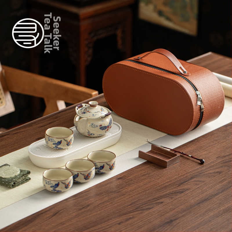 Set de ceai chinezesc nou în stil Kung Fu, porțelan Ru kiln, tavă ceramică, set de ceai de călătorie cu ceainic și cești