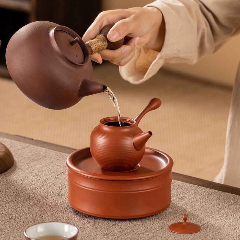 Ceainic Chaozhou cu mâner lateral, lut roșu din mină, stil japonez Kyusu, ceainic mic retro pentru set Gongfu de ceai