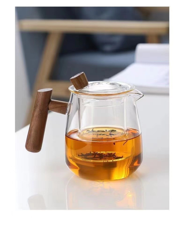 Ceainic din sticlă cu mâner lateral din lemn și filtru, rezistent la căldură, stil japonez cu separare a apei pentru ceai, ceainic cu flori, set de ceai montan, lux discret