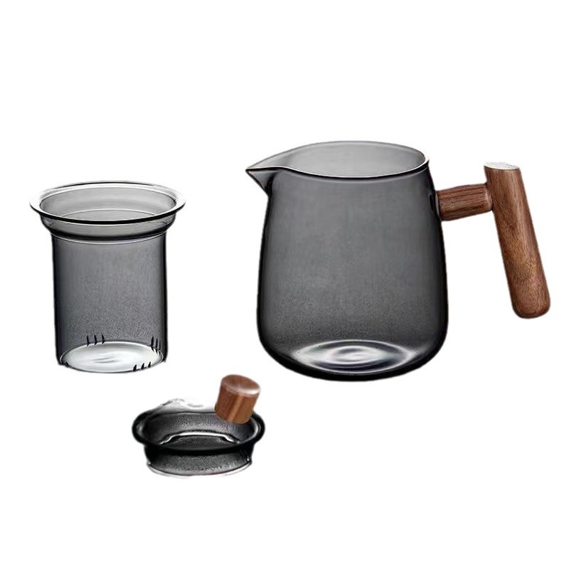 Ceainic din sticlă cu mâner lateral din lemn și filtru, rezistent la căldură, stil japonez cu separare a apei pentru ceai, ceainic cu flori, set de ceai montan, lux discret