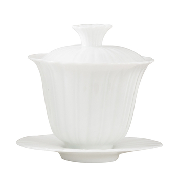 Set de ceai din porțelan alb, cu pereți subțiri și capac, cești cu glazură în trei culori și motif de petale de lotus, finisaj Jade alb pentru uz casnic modern
