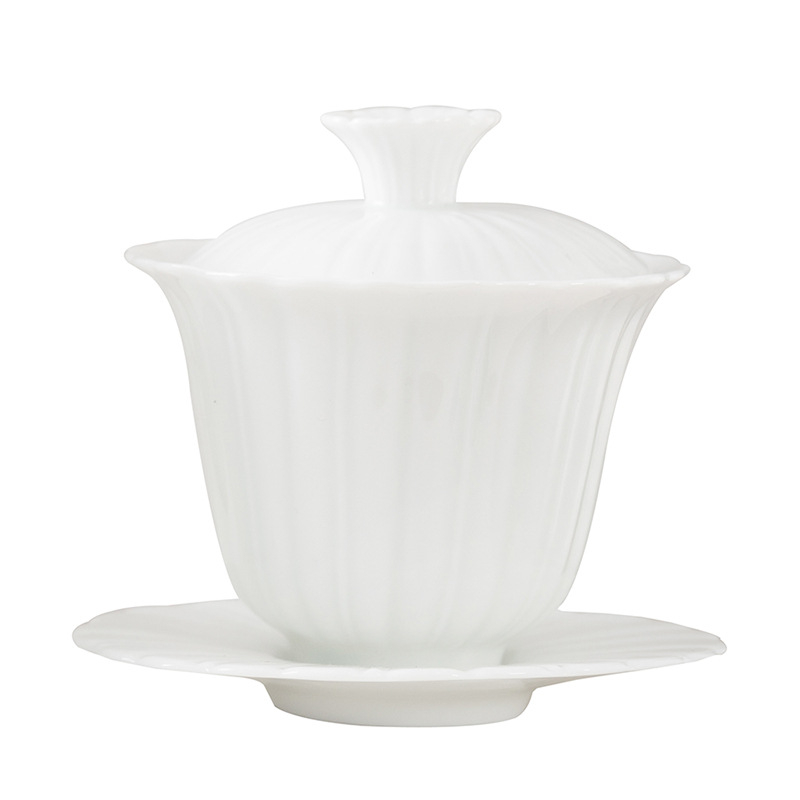 Set de ceai din porțelan alb, cu pereți subțiri și capac, cești cu glazură în trei culori și motif de petale de lotus, finisaj Jade alb pentru uz casnic modern