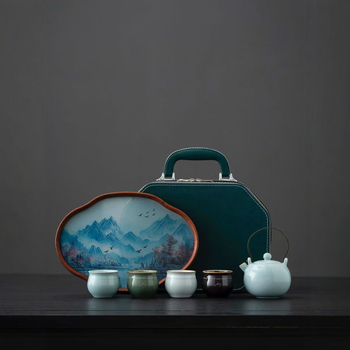Set Gongfu de ceai Ru Kiln – 1 ceainic și 4 cești, set de călătorie din ceramică, ambalat într-o cutie cadou