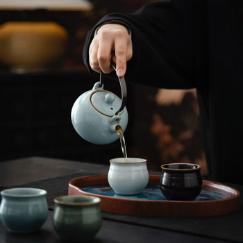 Set Gongfu de ceai Ru Kiln – 1 ceainic și 4 cești, set de călătorie din ceramică, ambalat într-o cutie cadou