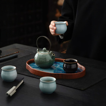 Set Gongfu de ceai Ru Kiln – 1 ceainic și 4 cești, set de călătorie din ceramică, ambalat într-o cutie cadou