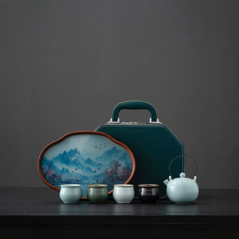 Set Gongfu de ceai Ru Kiln – 1 ceainic și 4 cești, set de călătorie din ceramică, ambalat într-o cutie cadou