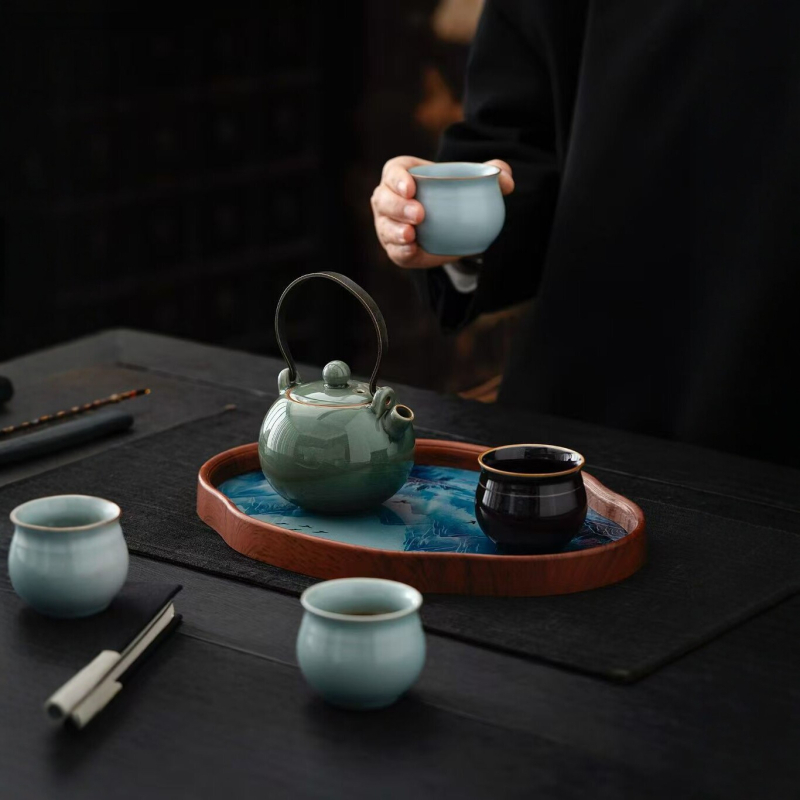 Set Gongfu de ceai Ru Kiln – 1 ceainic și 4 cești, set de călătorie din ceramică, ambalat într-o cutie cadou