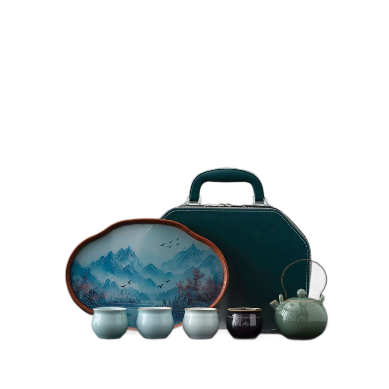 Set Gongfu de ceai Ru Kiln – 1 ceainic și 4 cești, set de călătorie din ceramică, ambalat într-o cutie cadou