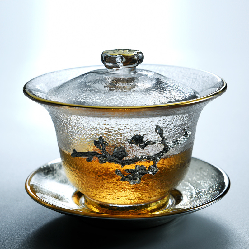 Set Gongfu de ceai din sticlă cu textură ciocănită, include bol cu capac și ceainic