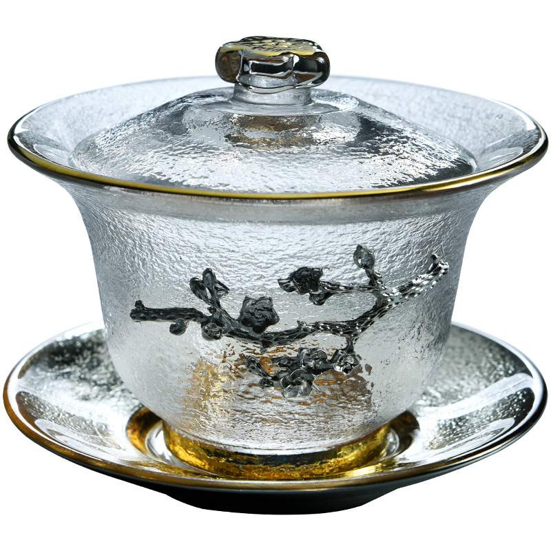 Set Gongfu de ceai din sticlă cu textură ciocănită, include bol cu capac și ceainic