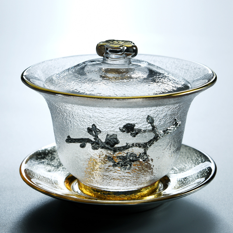 Set Gongfu de ceai din sticlă cu textură ciocănită, include bol cu capac și ceainic