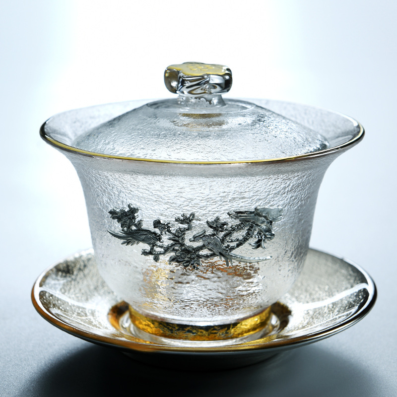 Set Gongfu de ceai din sticlă cu textură ciocănită, include bol cu capac și ceainic