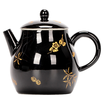Set de ceai ceramic Celadon, cu glazură neagră și motiv cu flori de prune, include ceainic cu capac, bol și ceașcă
