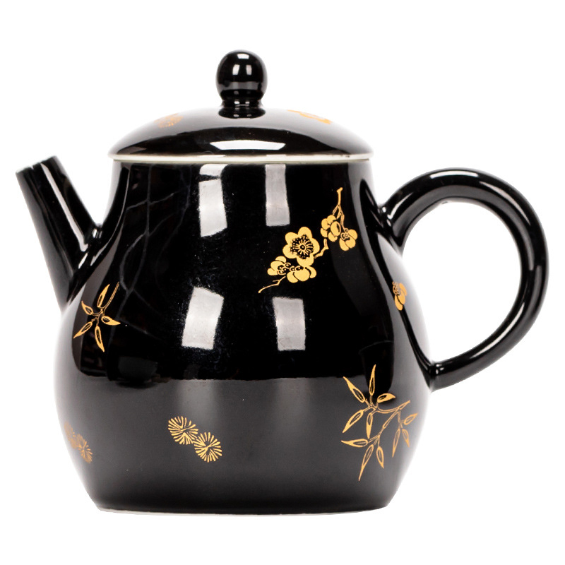 Set de ceai ceramic Celadon, cu glazură neagră și motiv cu flori de prune, include ceainic cu capac, bol și ceașcă