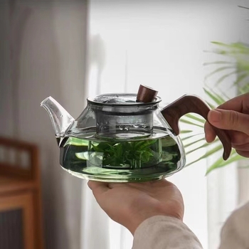 Ceainic cu corp din sticlă borosilicat rezistentă la căldură, pentru infuzare manuală a ceaiului și separare a apei