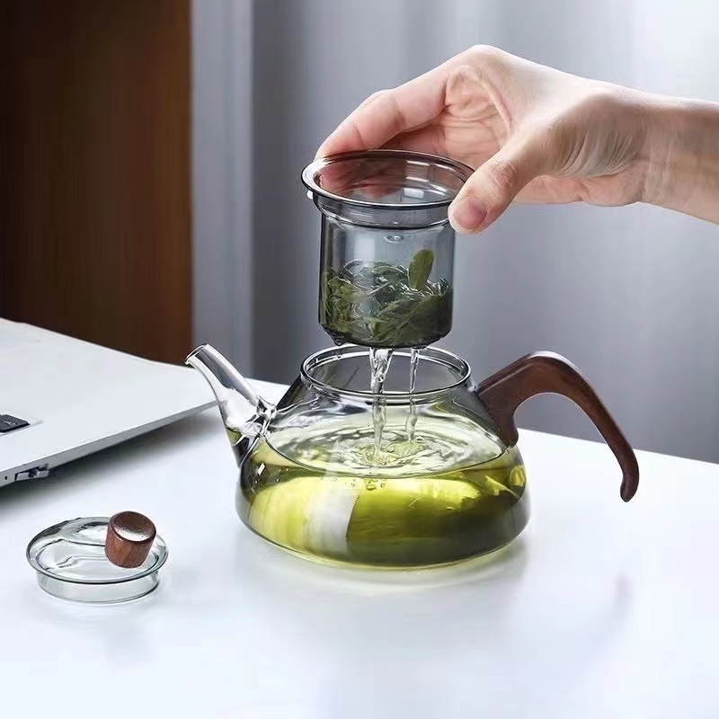 Ceainic cu corp din sticlă borosilicat rezistentă la căldură, pentru infuzare manuală a ceaiului și separare a apei
