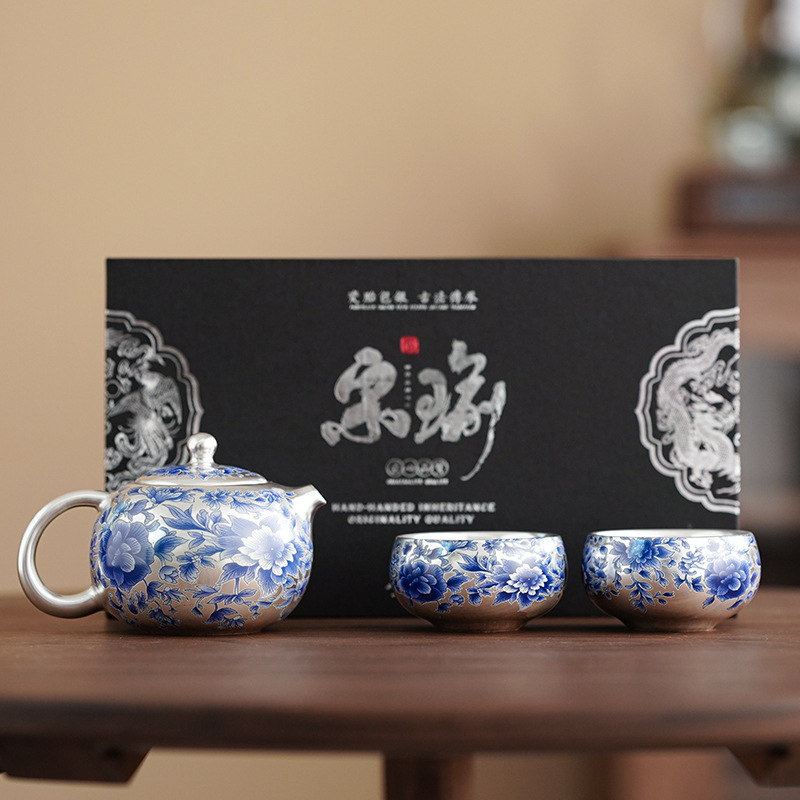 Set de ceai din porțelan, ceainic placat cu argint și două cești, motiv lotus, stil retro, cadou elegant
