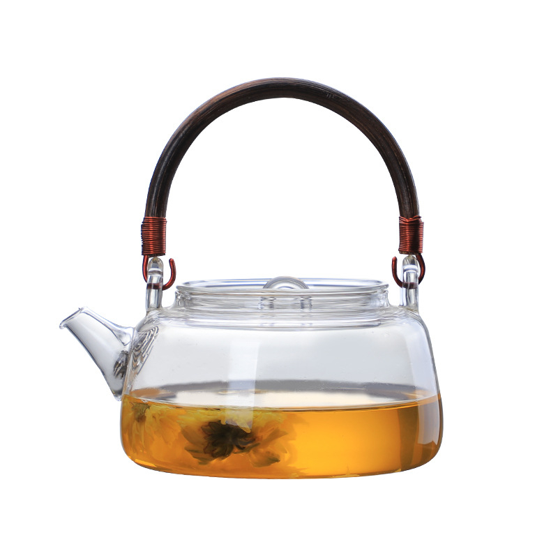 Ceainic cu mâner din răchită, din sticlă borosilicat rezistentă la temperaturi înalte, pentru infuzarea ceaiului, compatibil cu plita electrică ceramică, corp din sticlă îngroșată